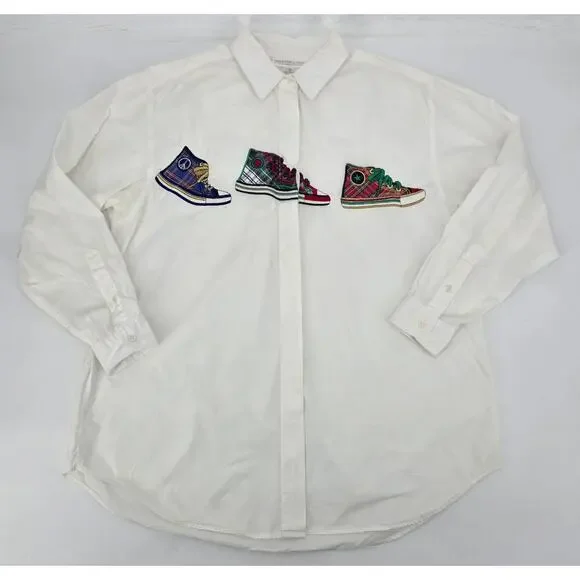 Preston & York Vintage Upcycled Embroidered Sneakers Button Down Shirt - Medium - Picture 1 of 9